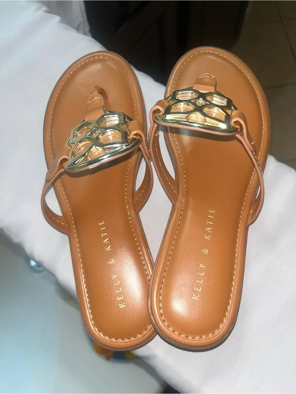 Kelly & Katie Tan Leather T-Strap Sandals with Gold Medallion